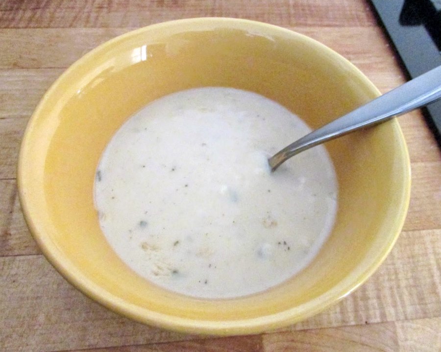 Bowl of thick and creamy cream of chicken soup.