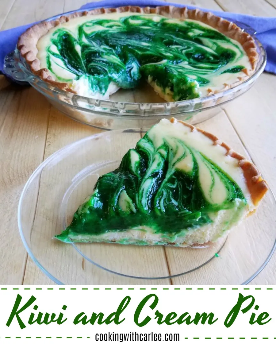 A kiwi filling is swirled in a cream cheese base for a one of a kind pie experience. If you’ve never had kiwi and cream pie, you don’t know what you’re missing.