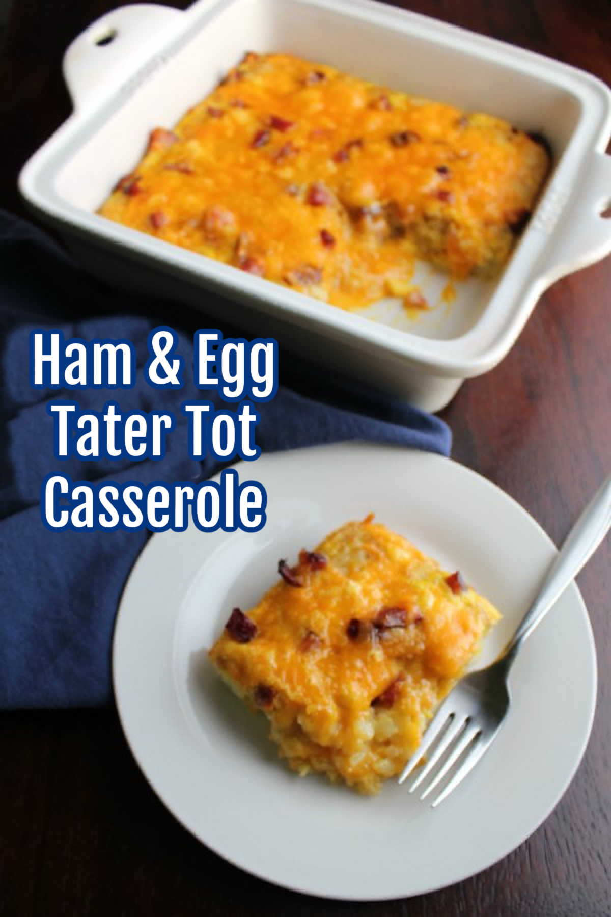 Tater tot breakfast casserole is a cheesy blend of eggs, ham, and potatoes. It is super quick and easy to put together and bakes up to make a tasty meal.