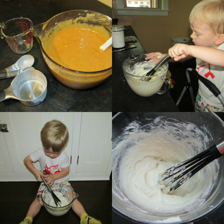 small child making pumpkin bars and cream cheese frosting.