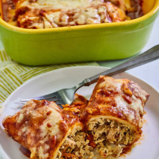Large enchilada with red sauce and melted cheese on top and shredded chicken filling inside, ready to eat.