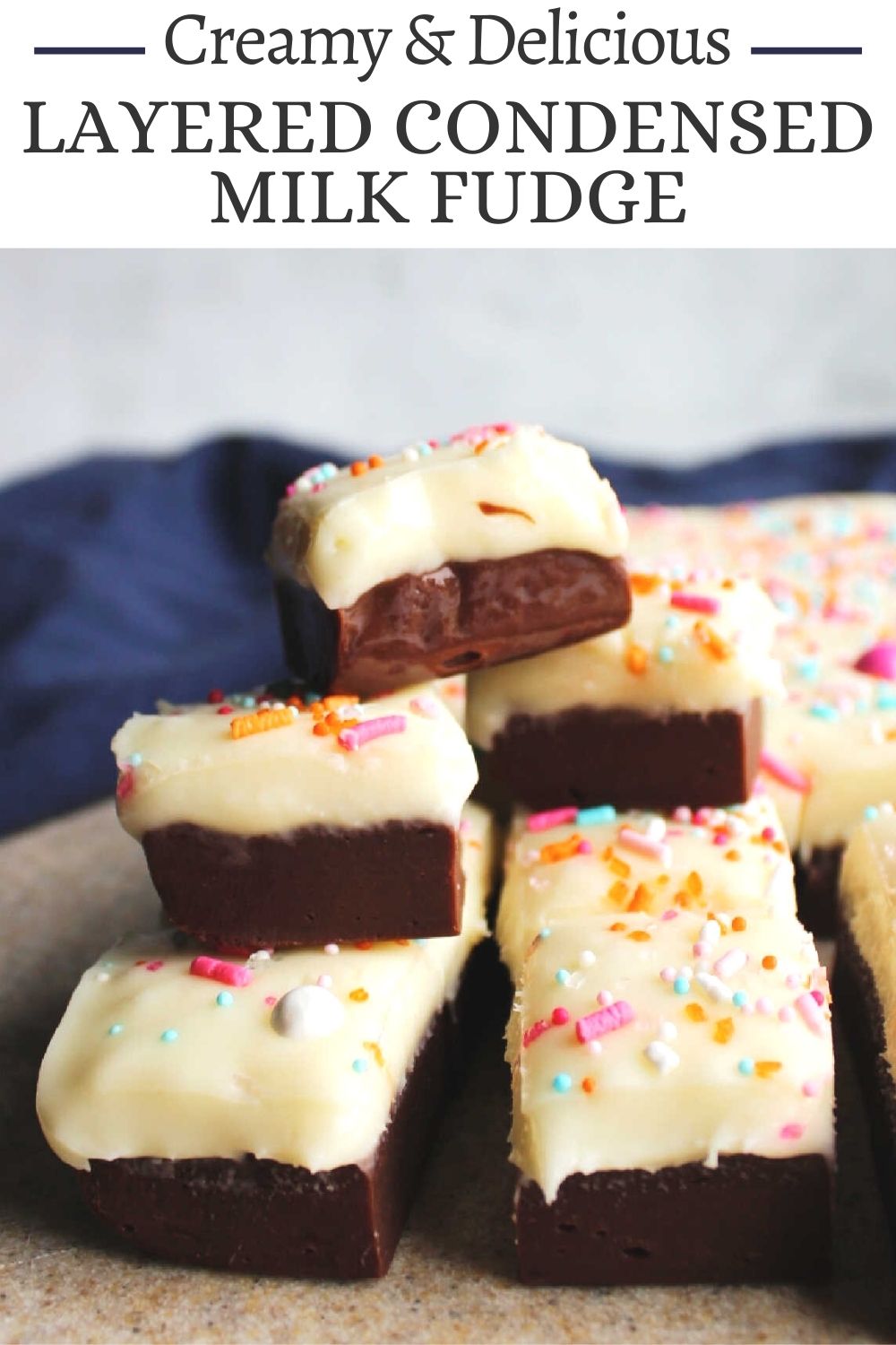 A layer of white fudge on top of chocolaty fudge is the perfect sweet and creamy treat. Ours is dressed up with fun sprinkles for the 4th of July, bu it could easily be adapted for any occasion.