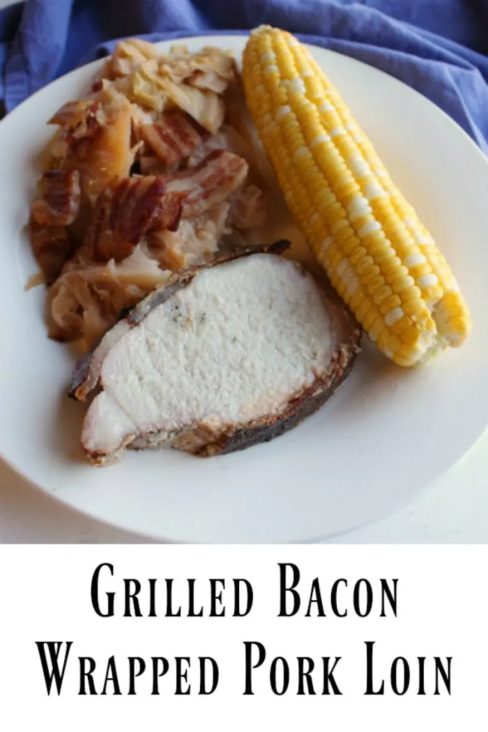 Juicy pork loin wrapped in bacon and cooked on the grill is loaded with flavor. It is a great way to feed your family or a crowd. Make a whole loin or part of one and enjoy a fabulous dinner!