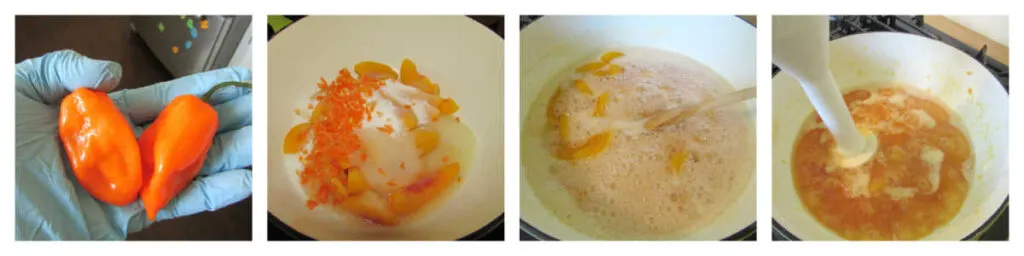 Step by step pictures of turning hot peppers and peaches into jelly.