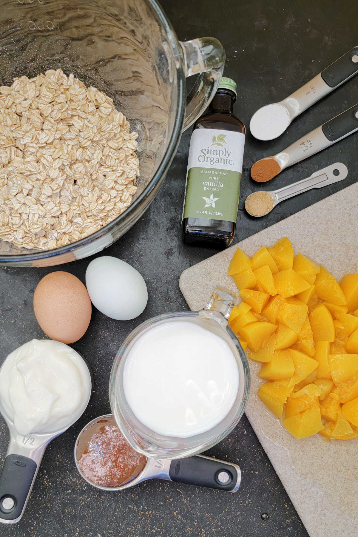 Ingredients ready to be made into peach baked oats.