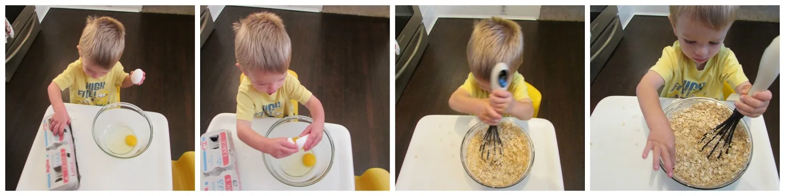 Step by step images of small child putting together baked oatmeal batter from cracking eggs to stirring oatmeal.