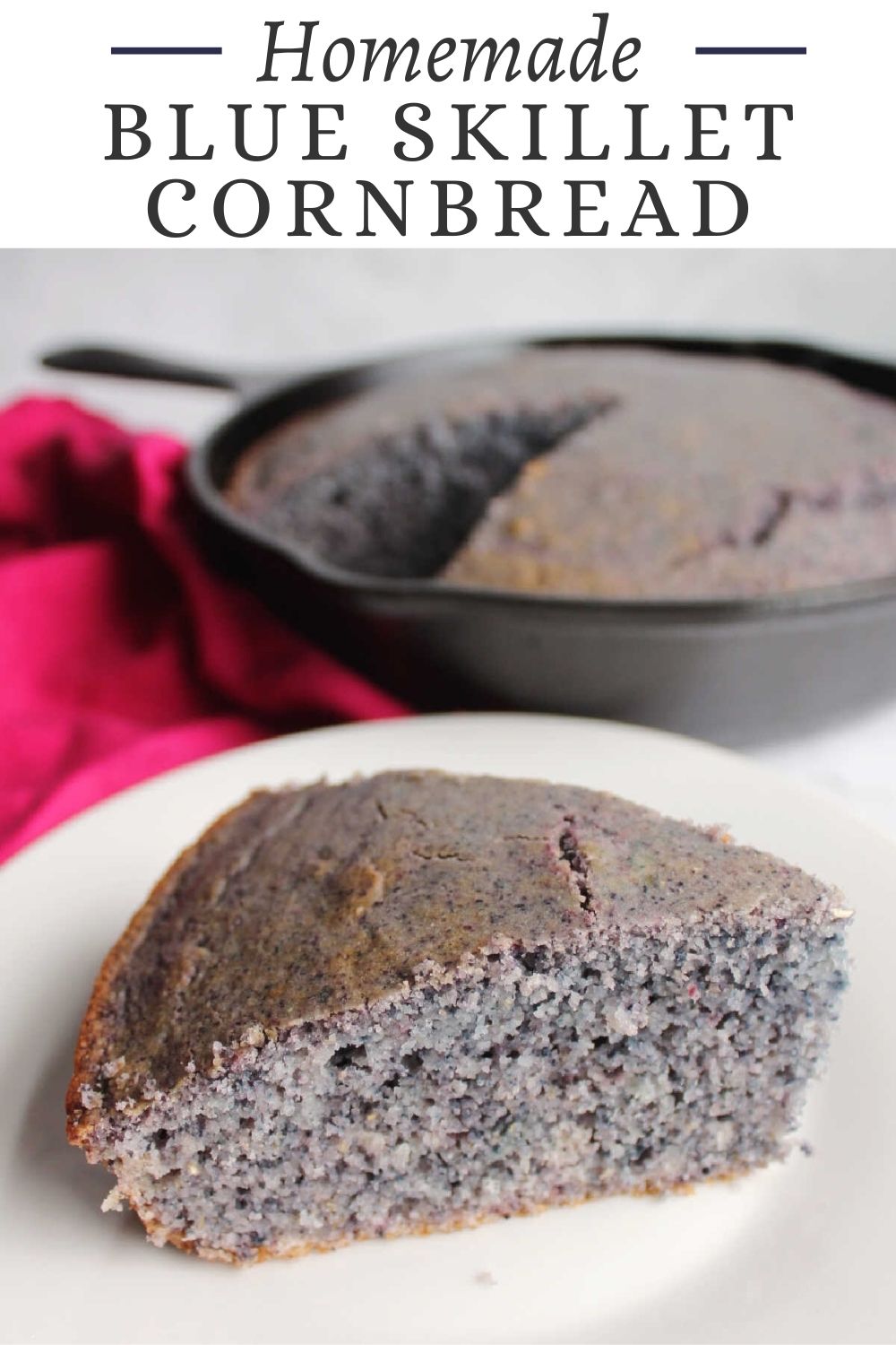 This blue skillet cornbread recipe uses blue cornmeal to make a fun colored pan of slightly sweet cornbread. It is the perfect mix of fluffy and crumbly and is perfect as a side to so many meals. 