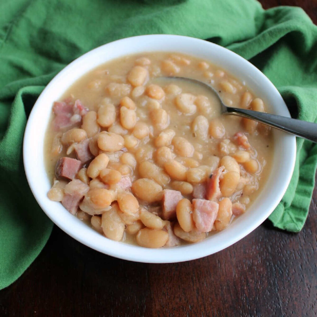 bowl of ham and beans fresh from the slow cooker. 