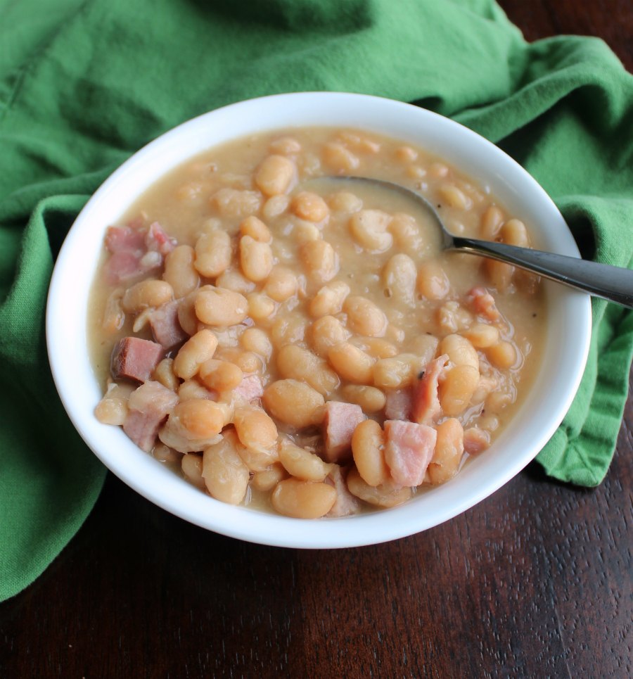 bowl of ham and beans fresh from the slow cooker