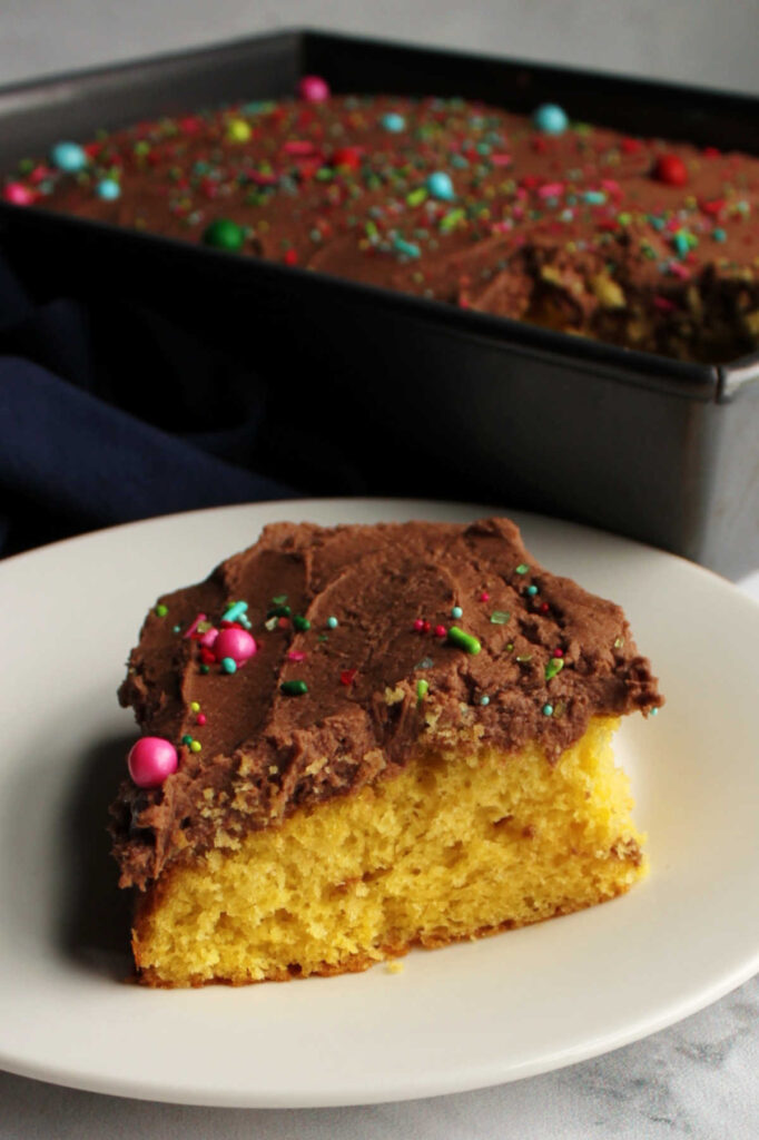 Piece of cake topped with brownie batter frosting and sprinkles.