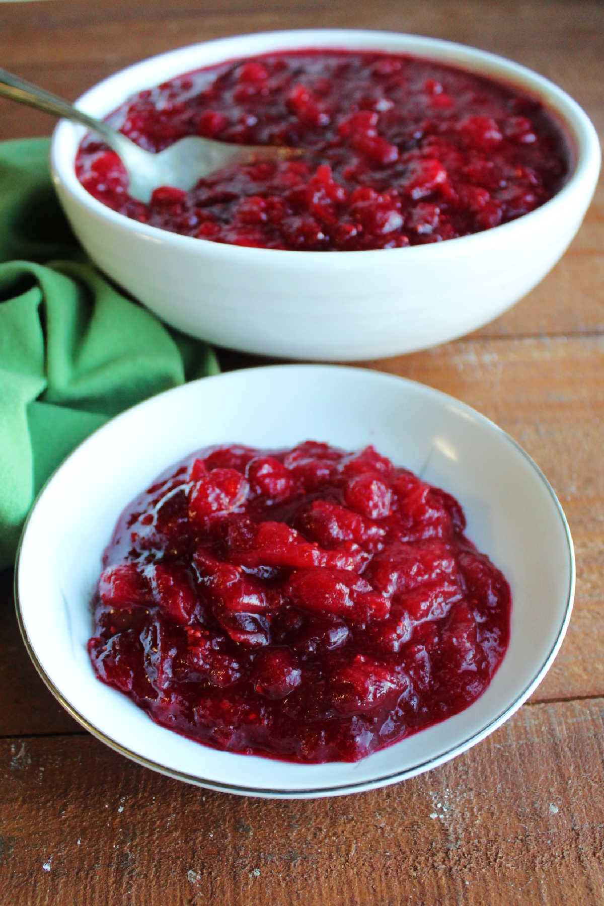 Small bowl with serving of homemade orange cranberry sauce with larger serving bowl in the background.