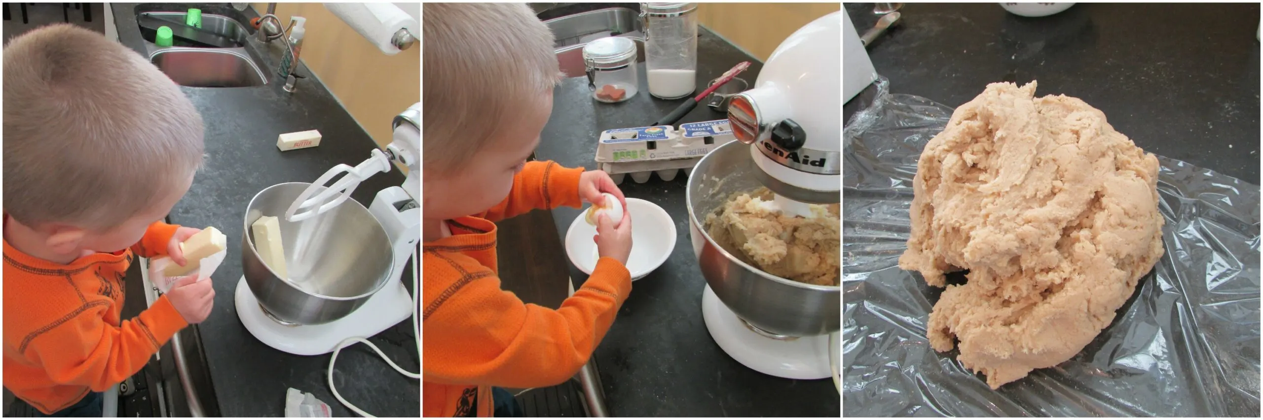 Collage of step by step images of small child making cookie dough in mixer.