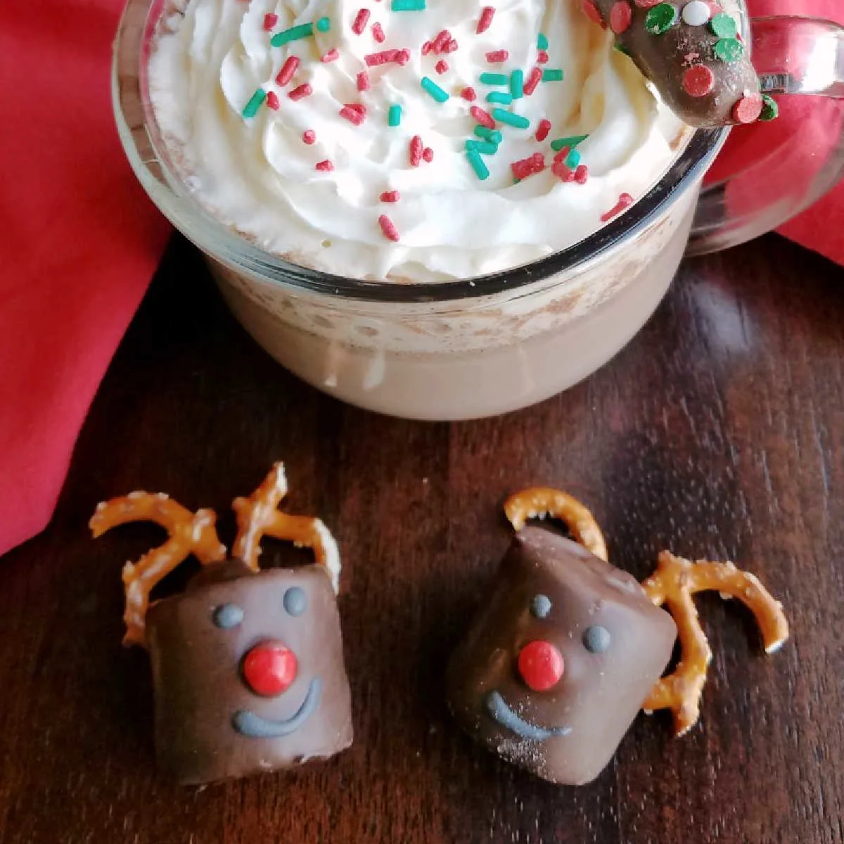 Chocolate dipped marshmallows decorated to look like rudolph next to mug of hot chocolate topped with whipped cream and sprinkles.