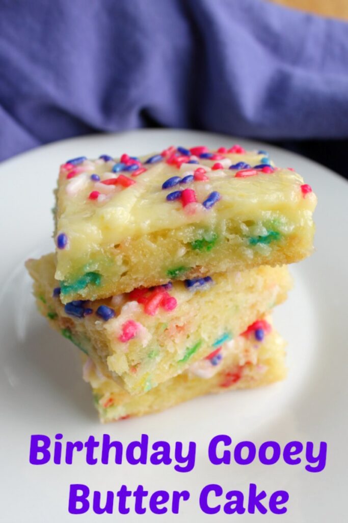 The goodness of gooey butter cake only made more fun with sprinkles! This is a fun birthday or party treat that is super easy to make and oh so gooey and delicious!