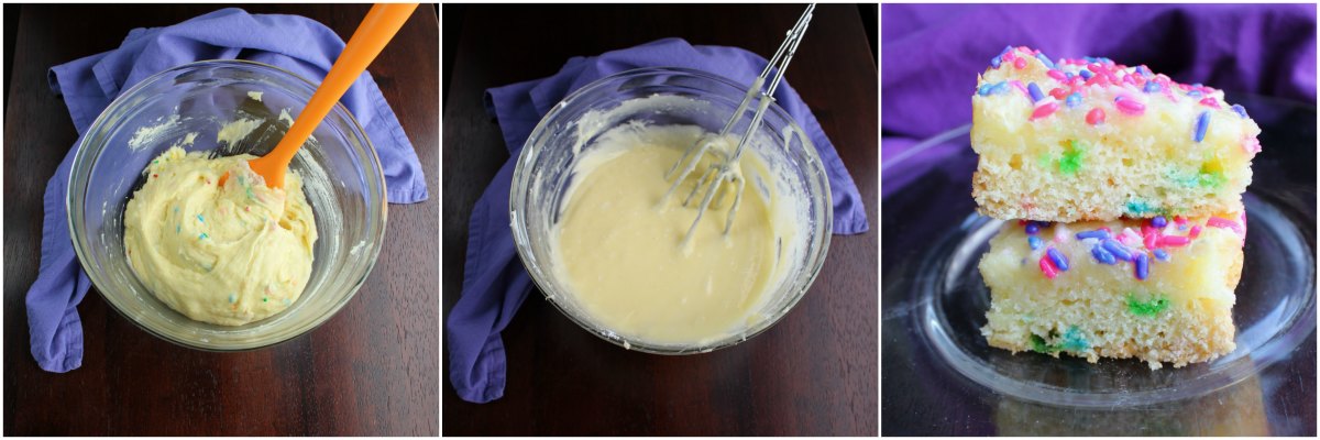 Step by step images of making batter, cheesecake topping and final gooey butter bars. 