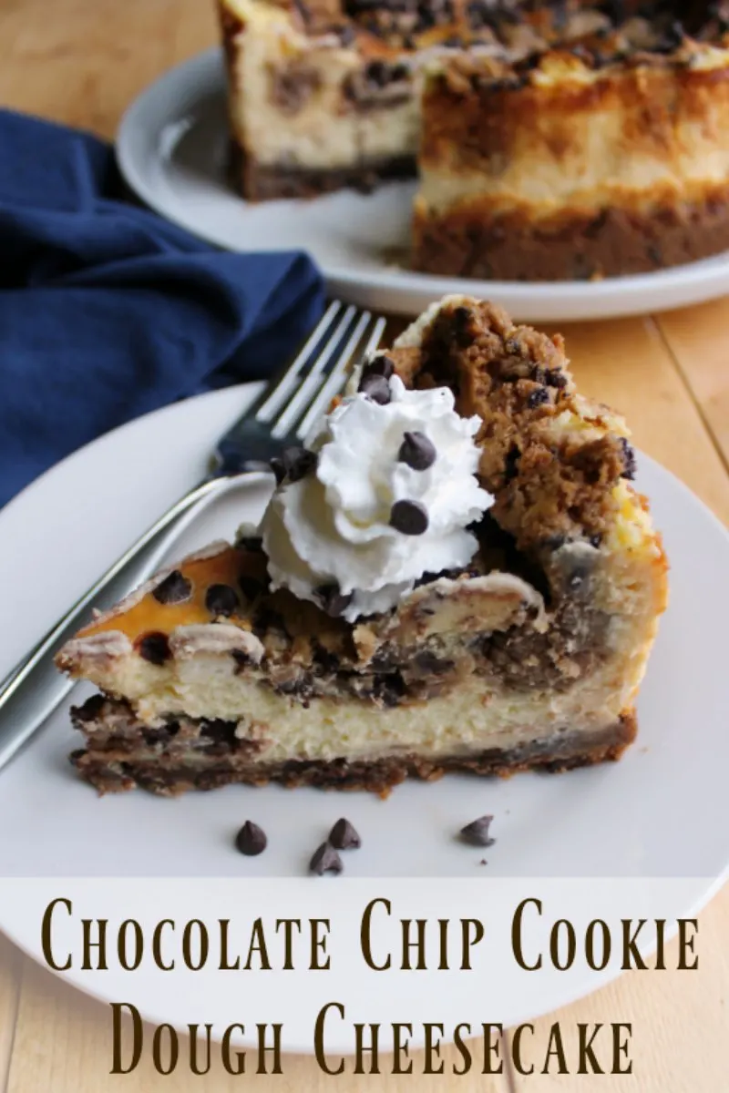 slice of chocolate chip cookie dough cheesecake on serving plate with title text on bottom