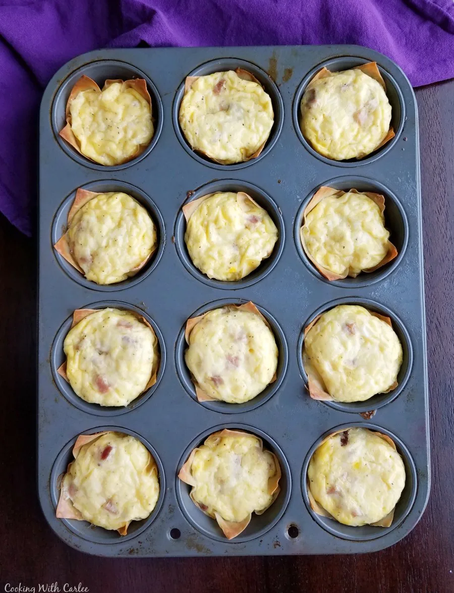 muffin tin filled with freshly baked mini ham and cheese quiche with golden crusts and melted cheesy tops.