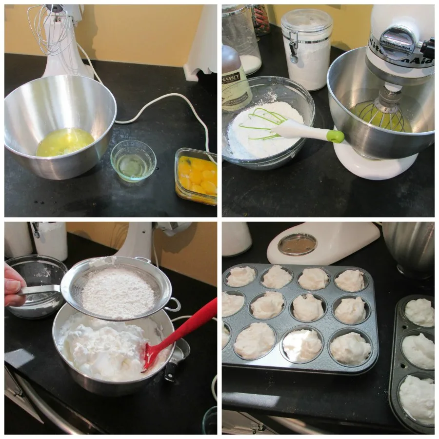 collage showing the step by step process of making angel food cake batter starting with egg whites and ending with batter in cupcake tin.
