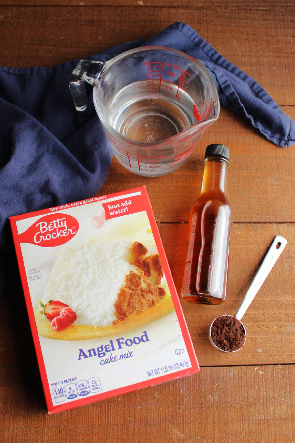 Ingredients including angel food cake mix, water, vanilla, and instant coffee granules.
