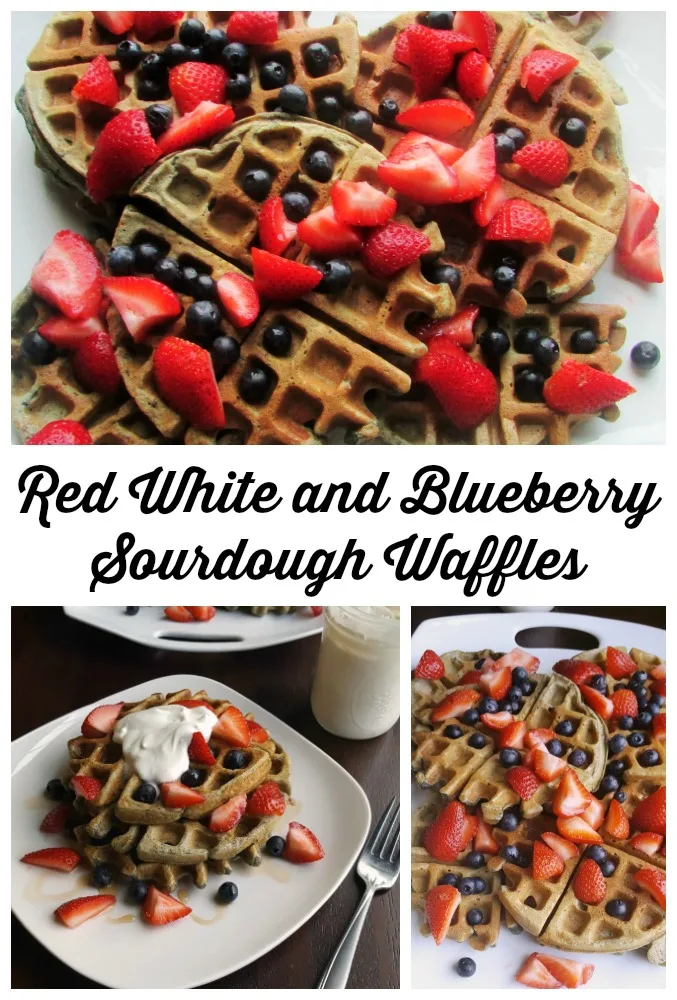 These waffles are a perfect way to put that sourdough starter discard to work while making a delicious breakfast. These babies are loaded with berries and perfect for a breakfast or brunch any old time of the year, but they are dressed up in red, white and blue for a patriotic kick. So definitely make them on Memorial Day, 4th of July and Veterans Day. Go ahead and make them on flag day and the second Sunday of every month too, for good measure!
