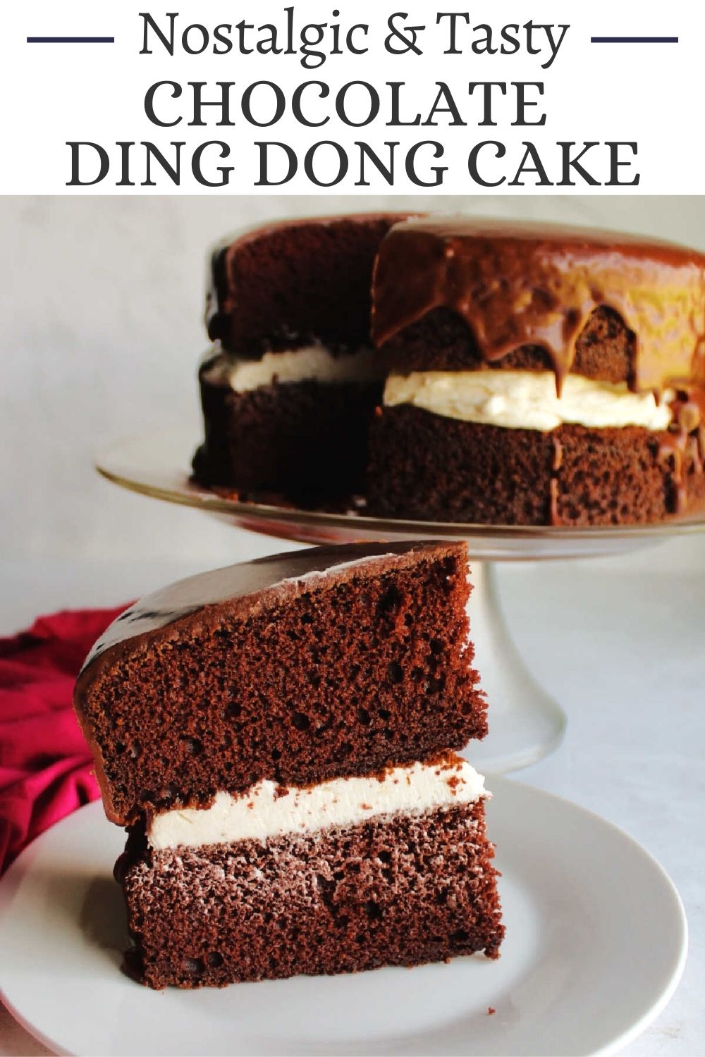 This great recipe combines chocolate cake layers, a glorious cream filling and fudge frosting to make a giant Ding Dong cake. It is the perfect mix of chocolatey flavor and fluffy vanilla filling that is sure to win over any chocolate lover.