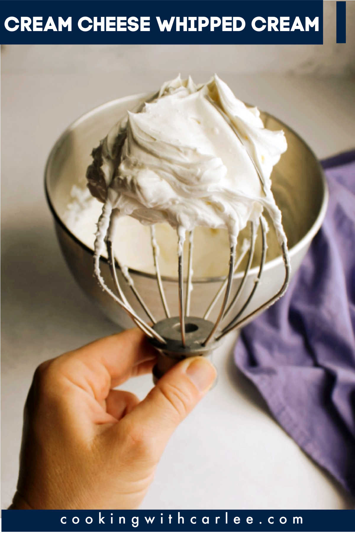 Cream cheese whipped cream is more stable than plain whipped cream, plus it has a little bit of cream cheese tang. This is the perfect way to top so many desserts including pumpkin pie, cheesecakes, pound cakes and more!