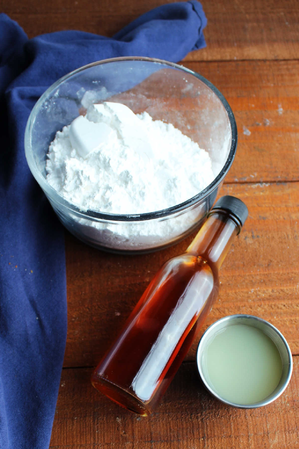 Glaze ingredients including powdered sugar, lemon juice, and vanilla extract. 