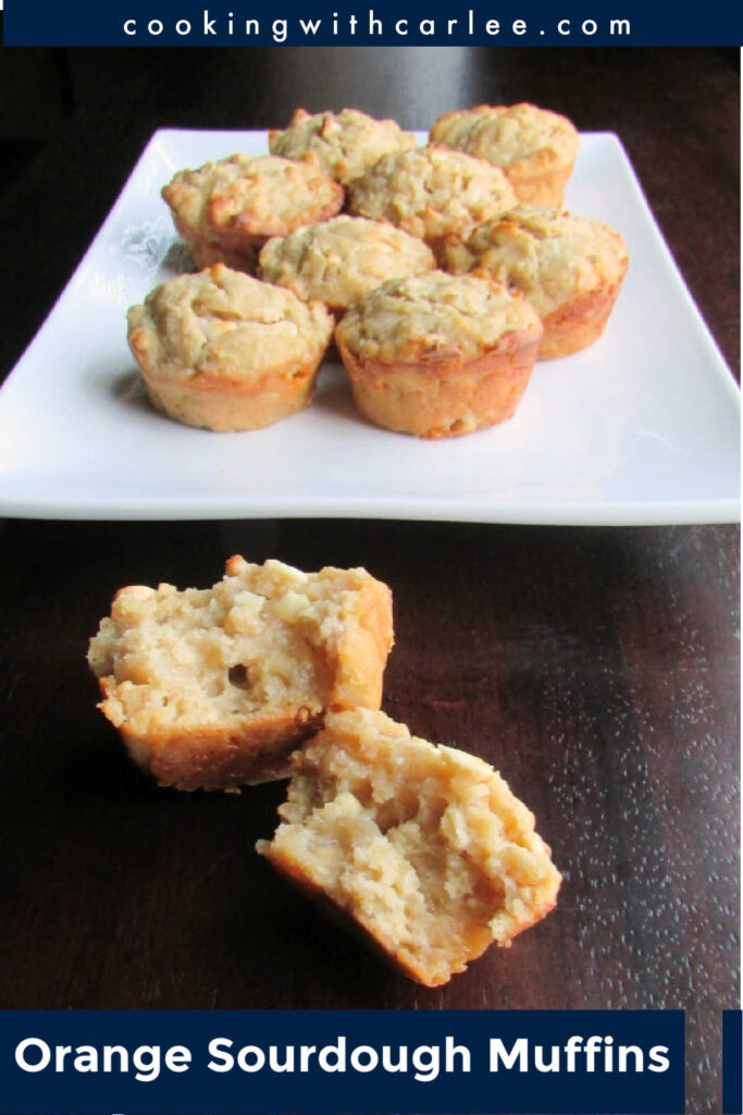 Orange sourdough muffins with bits of white chocolate baked right in. These muffins use sourdough discard, oatmeal, and yogurt to make something that is part healthy and part treat.
