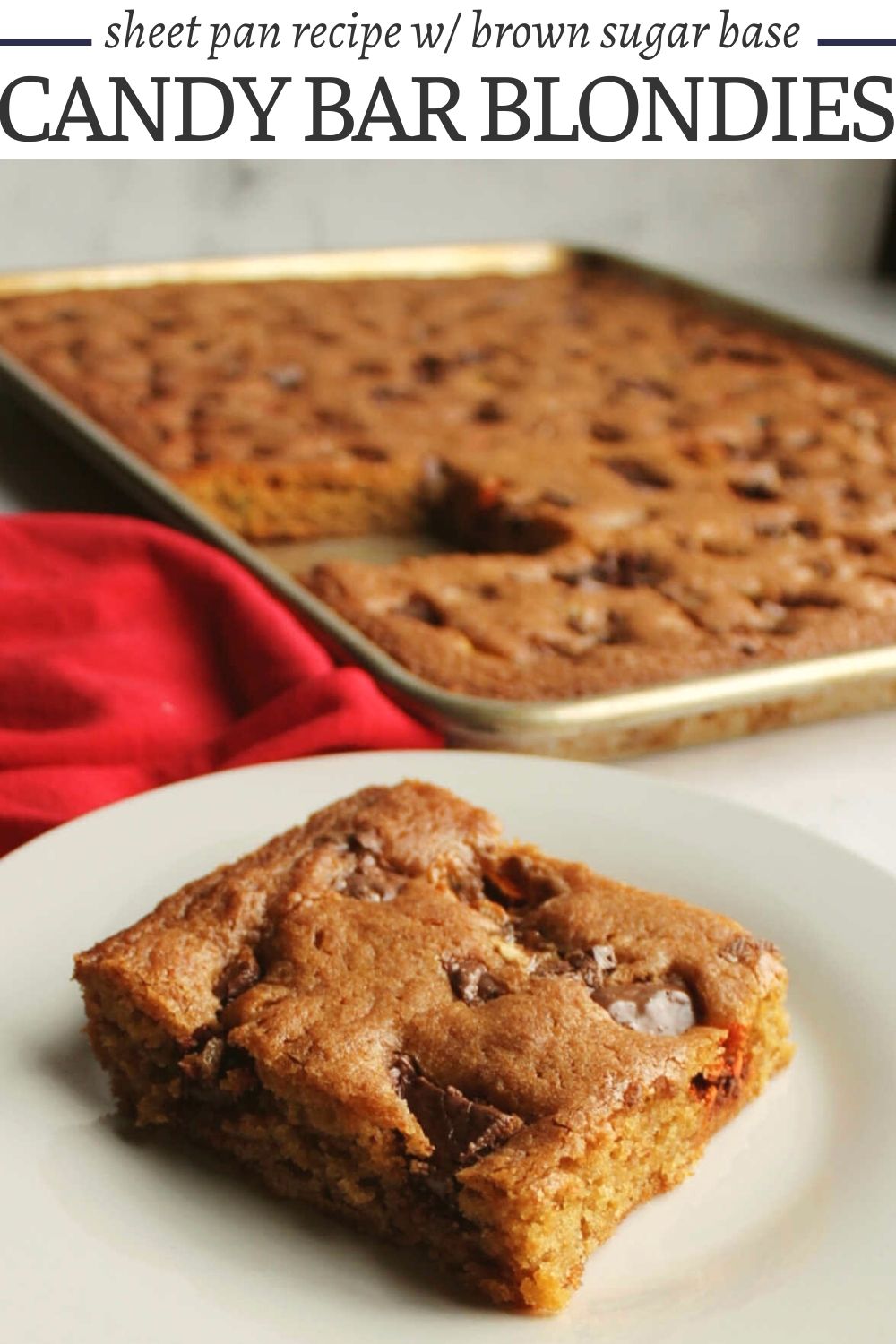 Turn extra candy bars into something delicious with these brown sugar blondies. They are chewy, delicious, and it makes a sheet pan full so there are plenty to share. This recipe is so easy to make and they taste great.