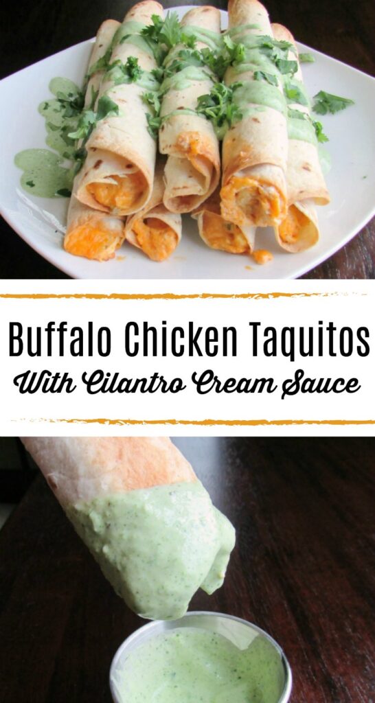 These creamy, cheesy buffalo chicken taquitos have just enough kick. They are wrapped in a crunch shell that crisps up in the oven, no frying required. The cilantro cream sauce takes them to the next level!