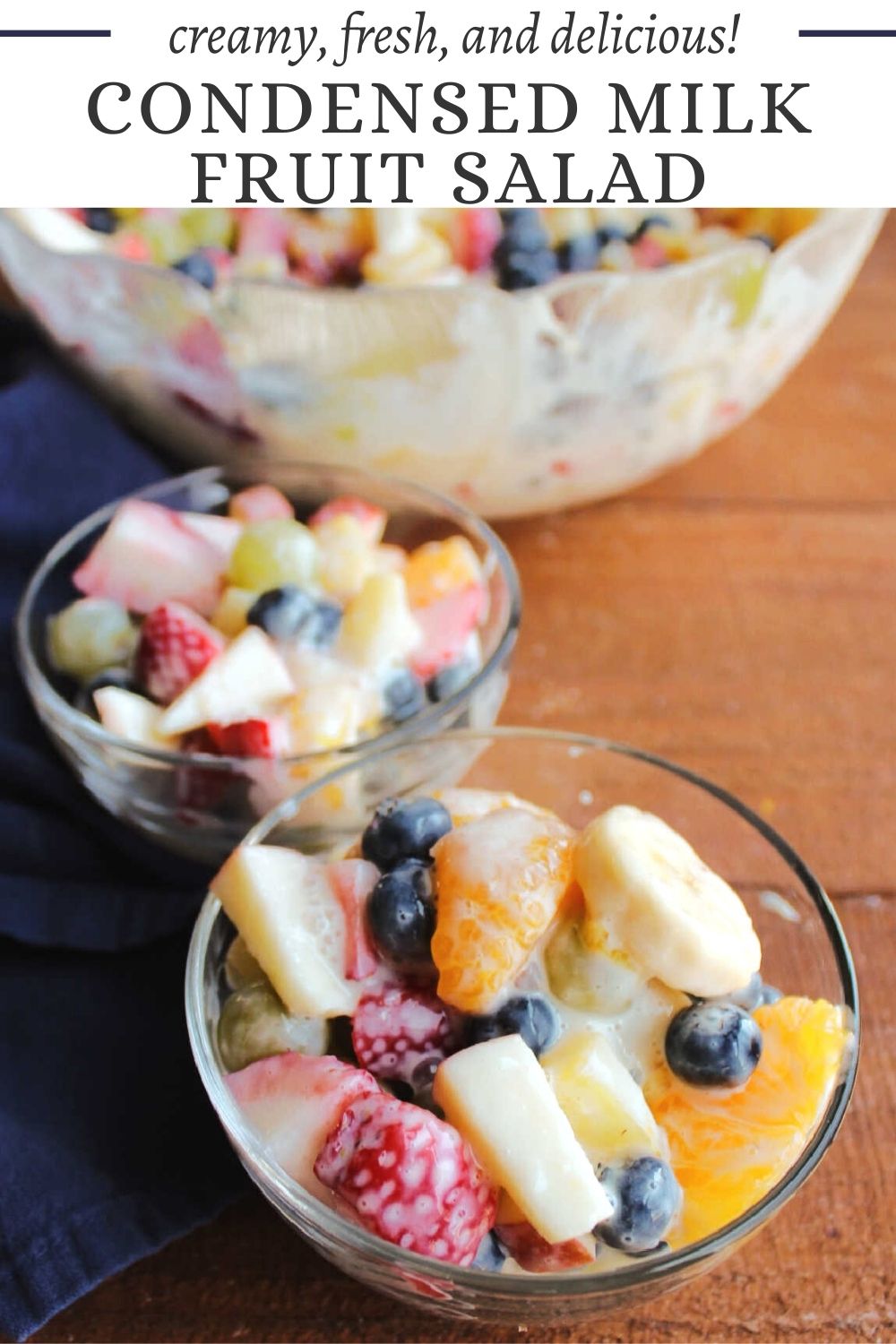 This fresh fruit salad is loaded with all kinds of fruit. The condensed milk brings it together in a creamy treat that makes it perfect with breakfast, as a simple side dish, or as a lighter dessert.