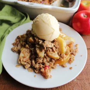 Serving of old fashioned apple crisp on plate topped with scoop of vanilla ice cream.