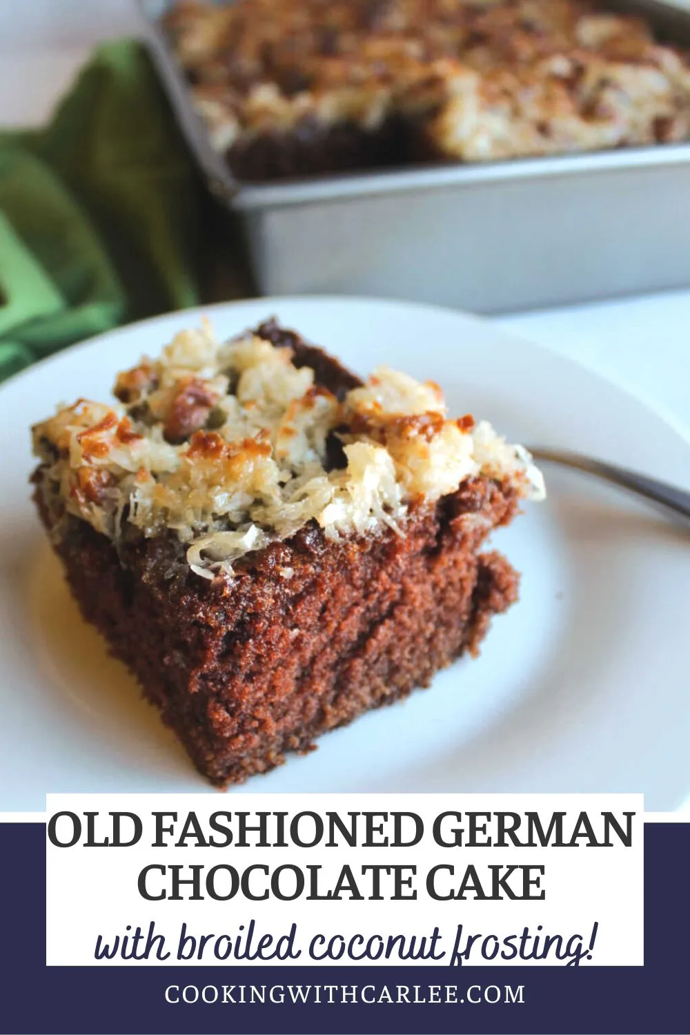 Great-grandma's German chocolate cake recipe was topped with broiled coconut frosting. It may be different than you are used to, but it's really good. The broiler toasts the coconuts and pecans a bit and makes for a really tasty dessert.