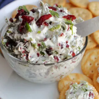 Close up of cranberry cracker spread in bowl with some spread on crackers.