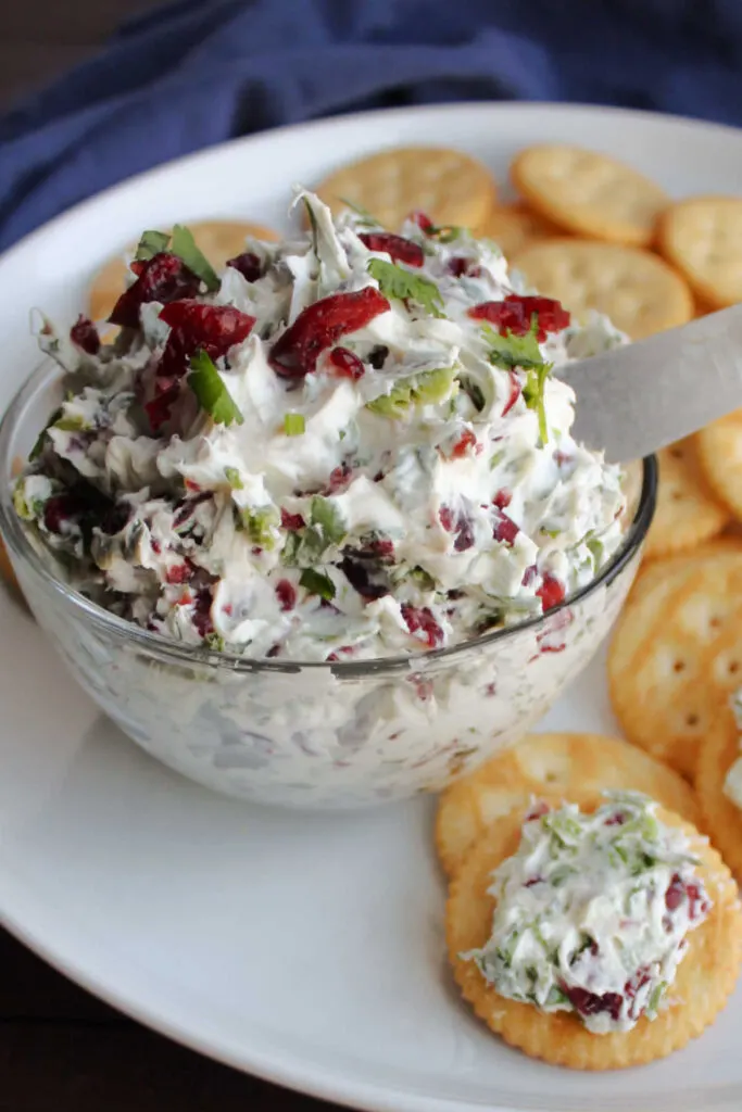 Close up of cranberry cracker spread in bowl with some spread on crackers.