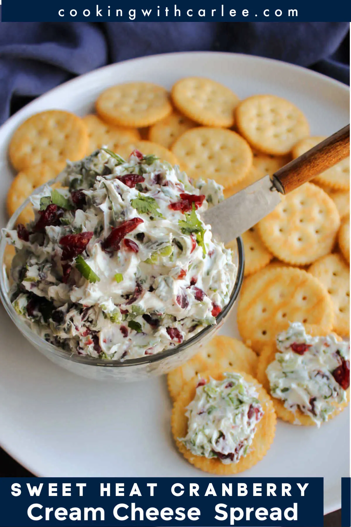 This spread is full of fresh herb flavor with a bit of spice and some sweet cranberries. The balance is delicious and it is the perfect spread for crackers.