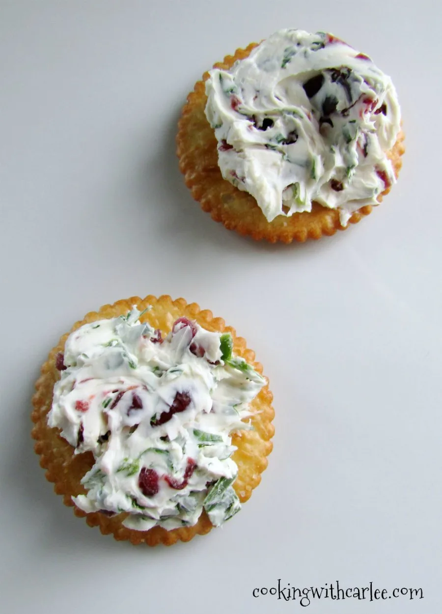 cream cheese dotted with bits of dried cranberries, herbs and jalapeno spread on crackers.