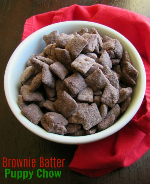 bowl of chocolaty brownie butter muddy buddies ready to eat