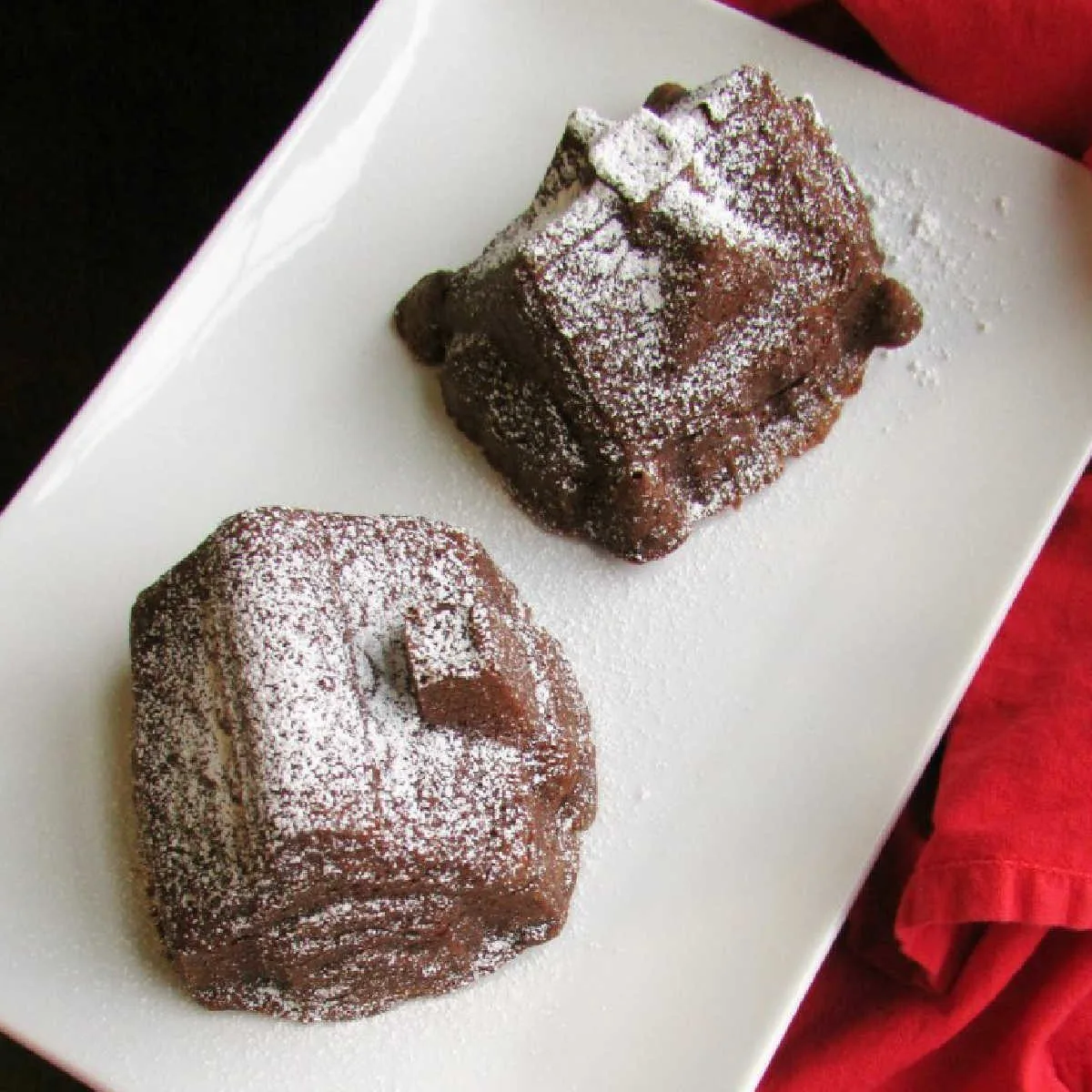 two small gingerbread house cakes on plate with powdered sugar dusting.