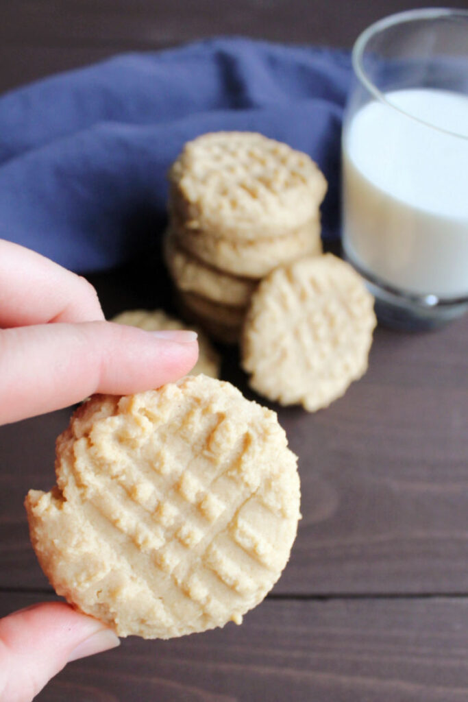 hand holding classic peanut butter cookie with waffle pattern on top