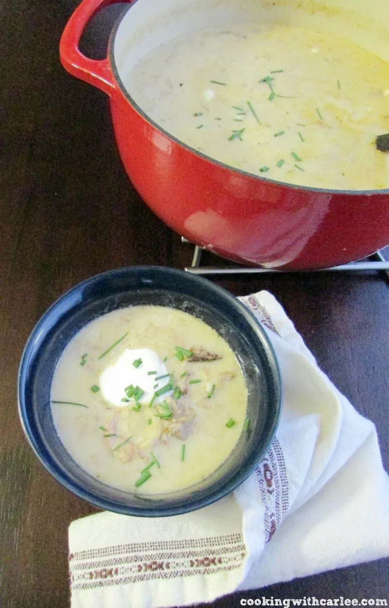 dutch oven filled with enchilada verde soup with a bowl of soup