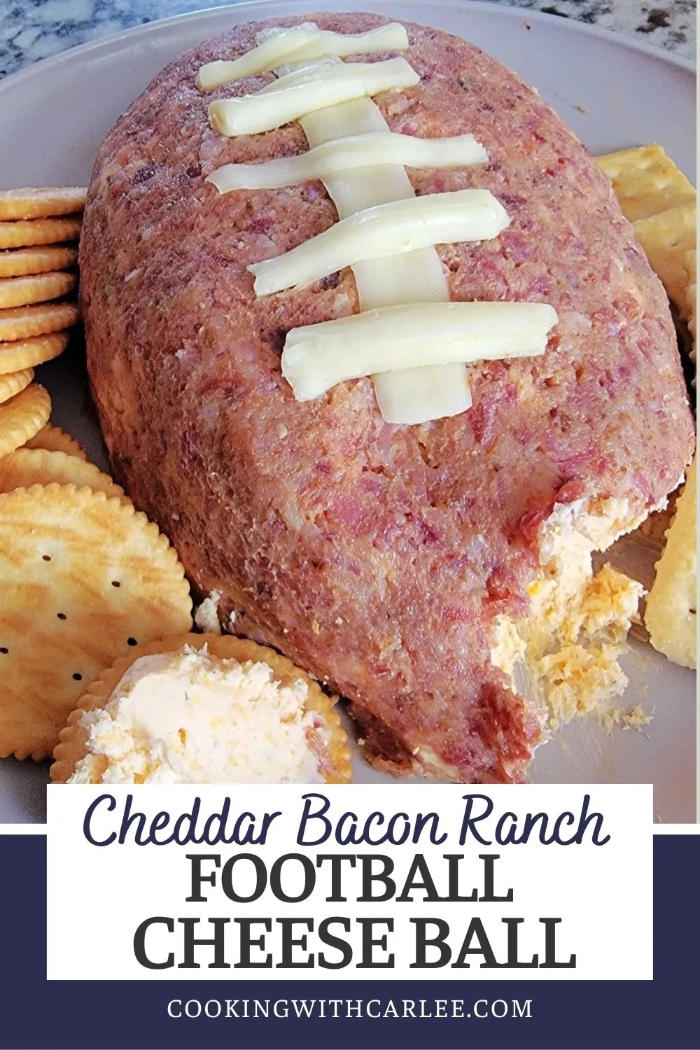This pigskin cheese ball is sure to score with your family and friends. Bacon, cheddar and ranch come together in this football shaped treat. Perfect for the big game or any get together!