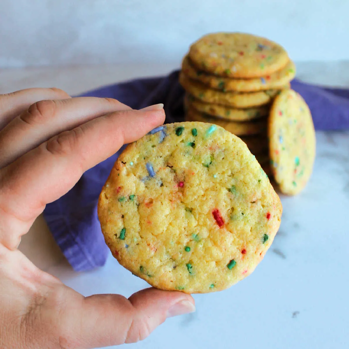 Hand holding vanilla cake mix cookies with colorful sprinkles baked inside.