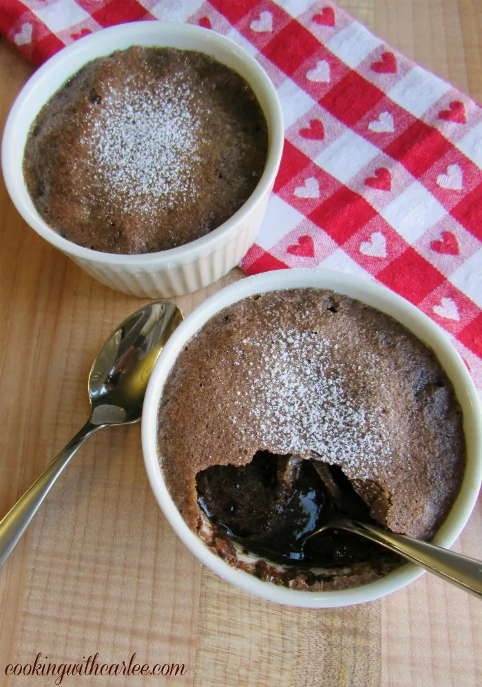 ramekins of baked chocolate pudding with rich gooey fudge centers.
