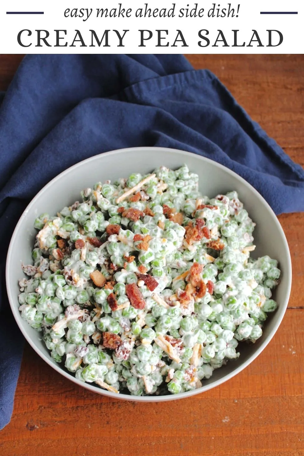 This delicious spring pea salad is perfect for a picnic, or Easter or any time. It is super easy to throw together and tastes great using either fresh or defrosted frozen peas. The bacon, cheese and creamy tie it all together in a side dish that will keep you coming back for more.