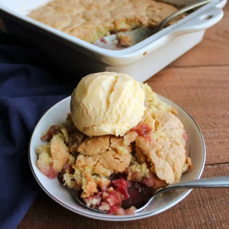 Small bowl filled with rhubarb cobbler topped with ice cream showing golden brown topping and red rhubarb underneath.