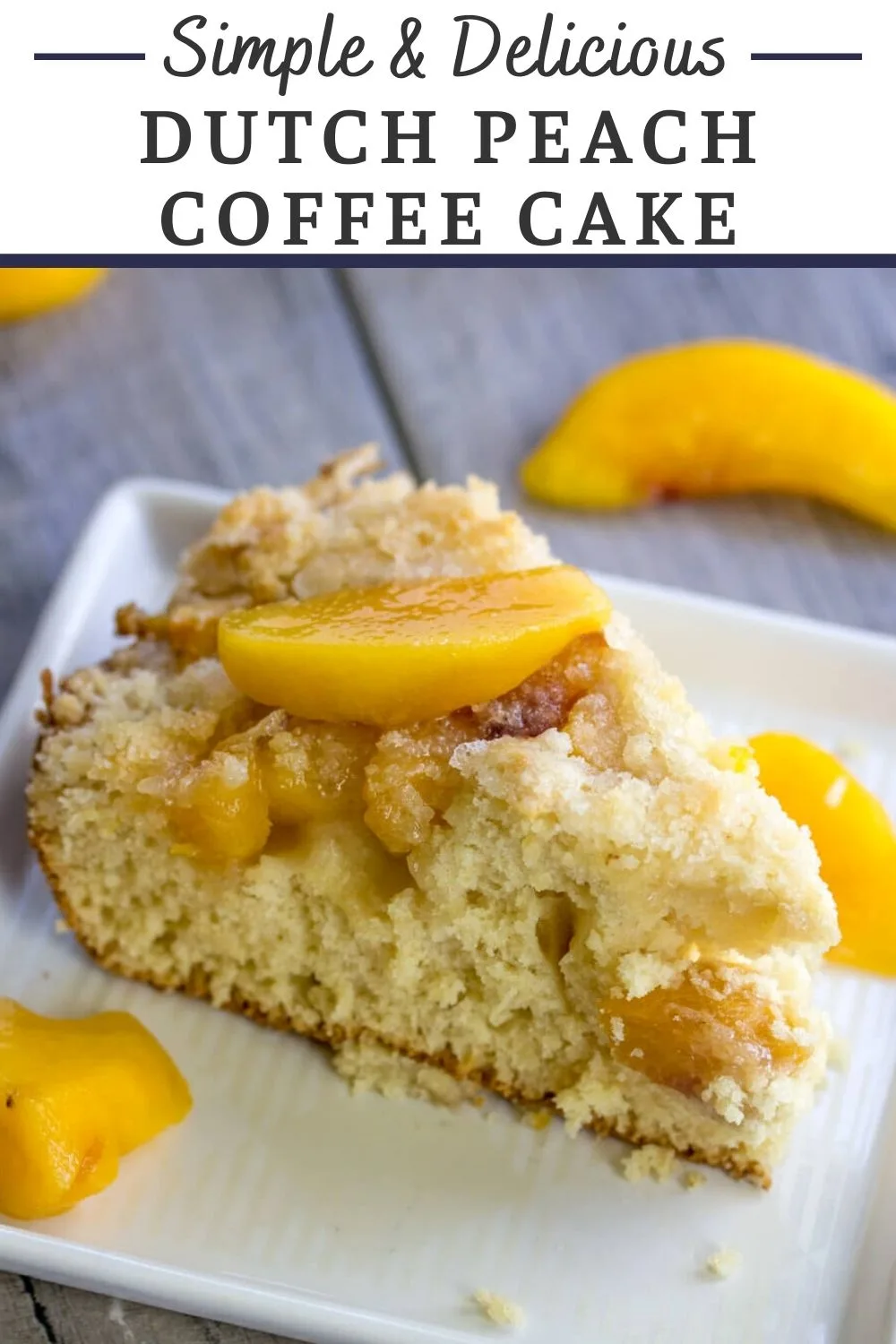 Dutch style peach breakfast cake uses fresh or frozen peaches topped with a buttery crumb to make a delicious coffee cake style treat. It's an classic recipe that will quickly become a an all time favorite for breakfast, tea time or a simple dessert.