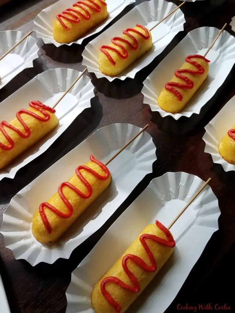 Twinkies on sticks with red frosting ketchup to look like corndogs.