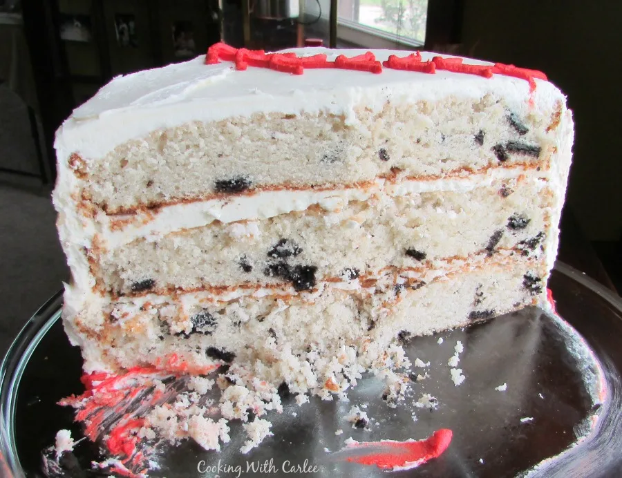 Inside of three layer cookies and cream cake.