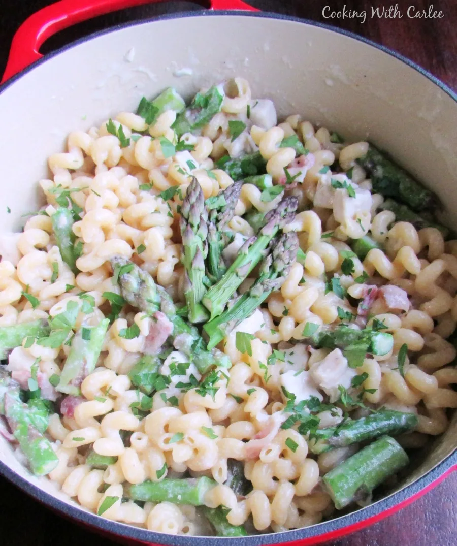 Asparagus, bacon and chicken one pot pasta in pan ready to serve.